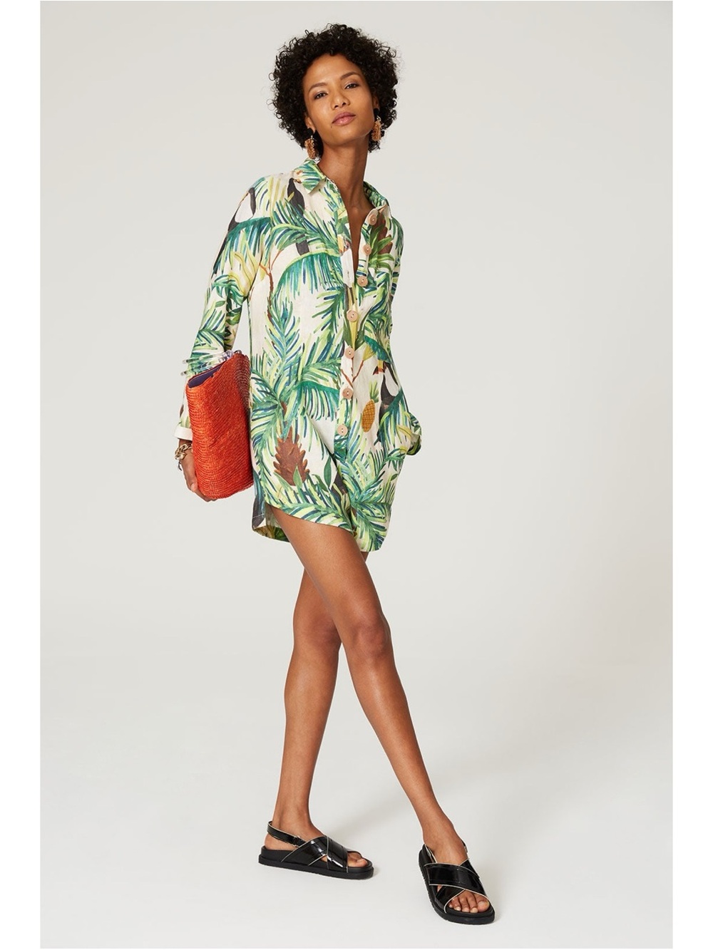 NWT FARM Rio Toucan Paadise Tropical Leaf 100% Linen Button-Front Romper Large